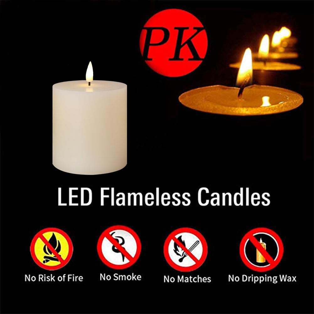 volnyus Flameless Candles Set of 3 (3x3 inch) Flickering LED Real Wax Candles Battery Operated with Remote Control Timers for Fireplace Bedroom Livingroom Party Dimmable Ivory Pillars Flat top
