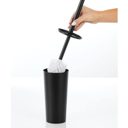 mDesign Metal Freestanding Slim Toilet Bowl Brush and Holder + Rectangle Narrow 5 Liter / 1.3 Gallon Step Pedal Trash Can Wastebasket for Bathroom - Small, Compact Design - Set of 2 - Brushed/Chrome
