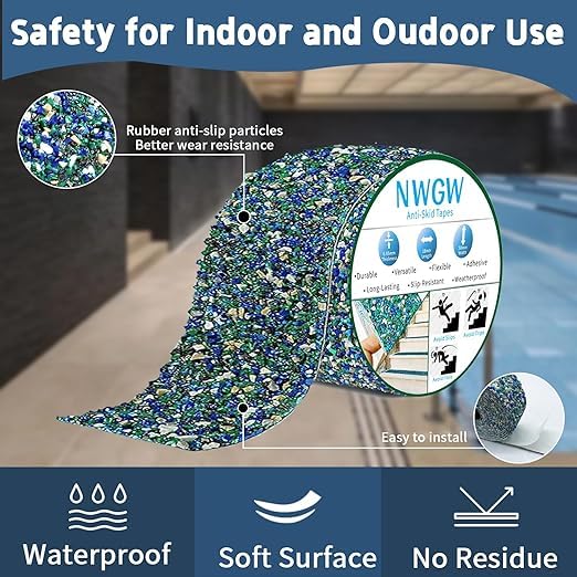 Waterproof Tape for Pools, 2" x15FT Heavy Duty Anti Slip Stair Treads Outdoor Tape Non-Slip Rubber Grip Tape Shower Strips Slip Resistant Tape Traction Tape for Stairs Showers Bathroom Trails