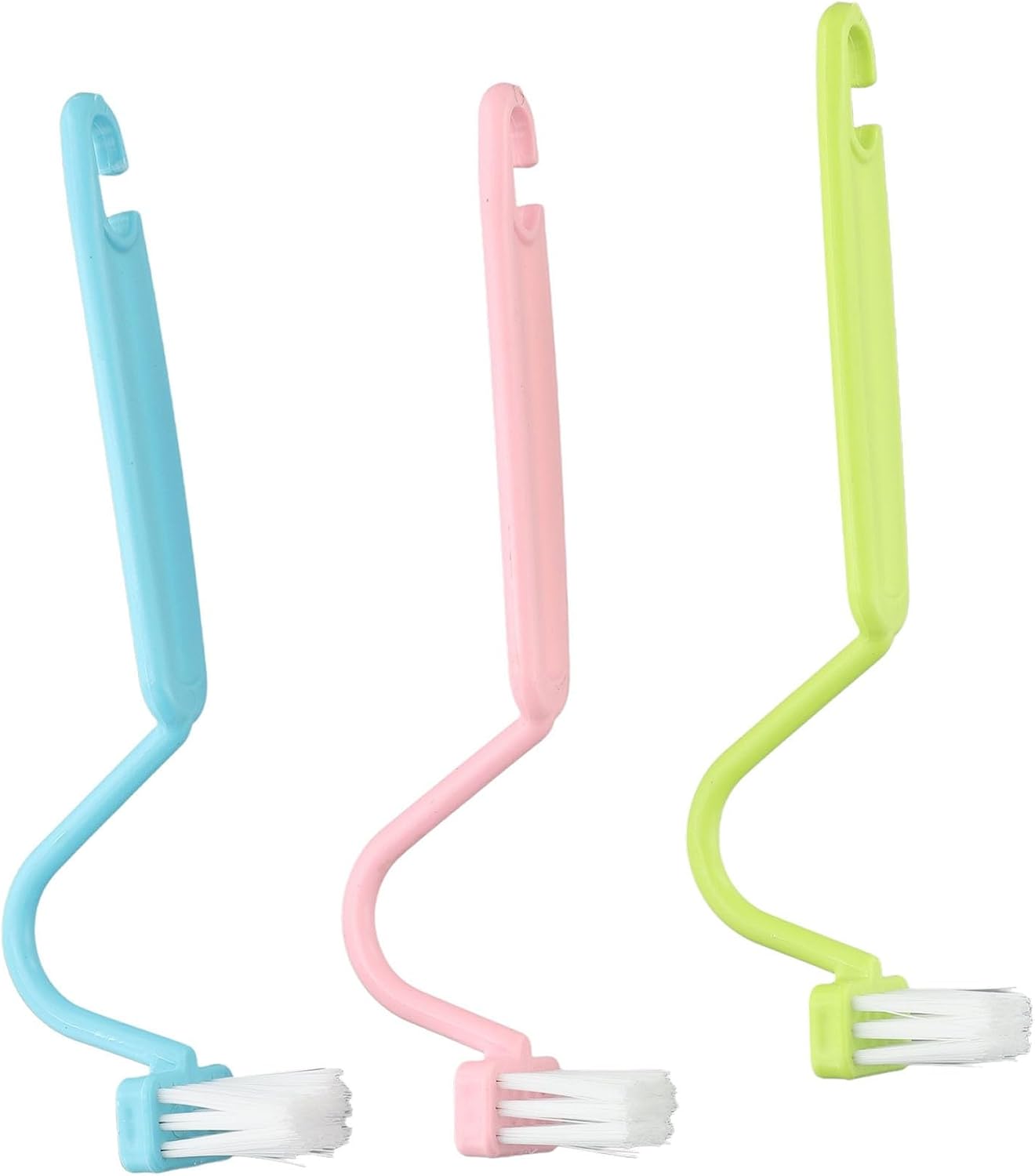 3-Pack Toilet Brush Set, V-Shaped Under Rim Cleaning Brushes with Curved Handles for Deep Corner Scrubbing, Flexible Bristles for Bathroom Sink Stove and Floor Drain, Green Pink Blue