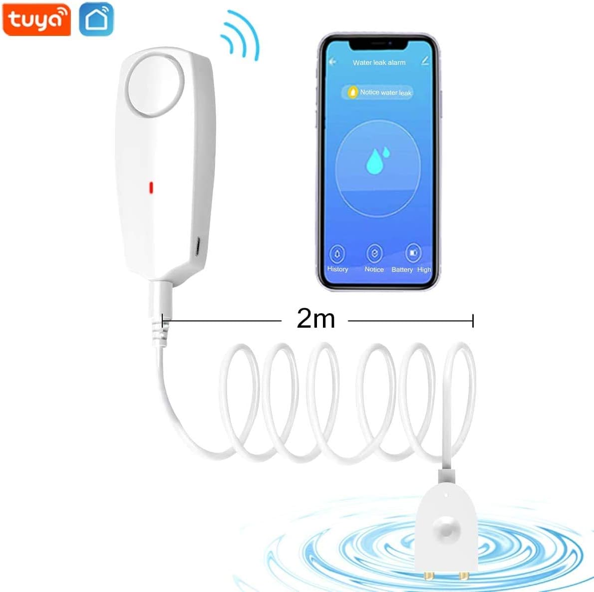 Water Alarm Sensor with 80dB Loud Sound WiFi Leak Detector, Overflow Leak Alarm, Remote Monitoring leaker for Water Heater Basement Sewage Pump, TUYA/Smart Life APP Notification