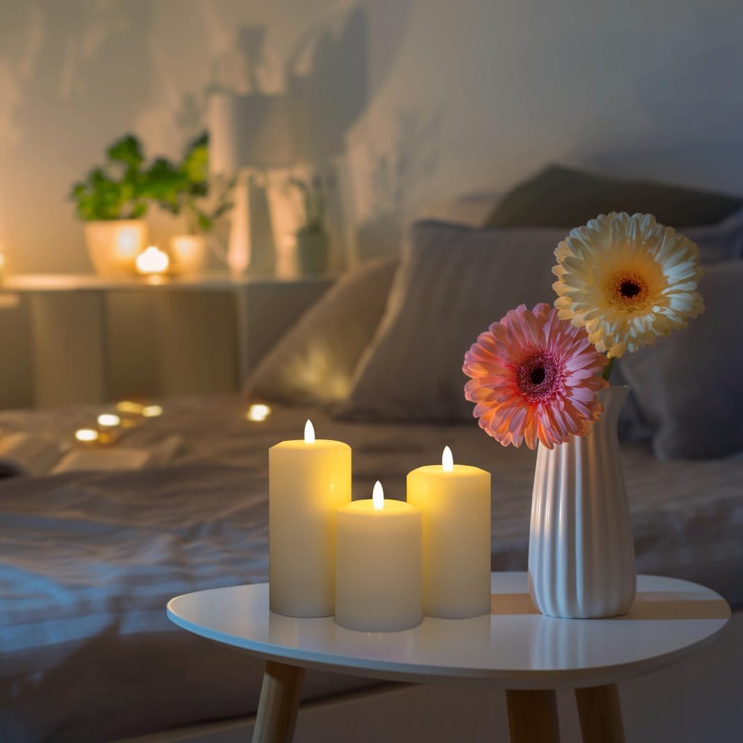 ANGELLOONG Flickering Flameless Candles, Realistic Battery Operated Candles with Remote and Timer, Set of 3 LED Candles for Room Fall Home Wedding Decor Centerpieces Table Party Valentines Decorations