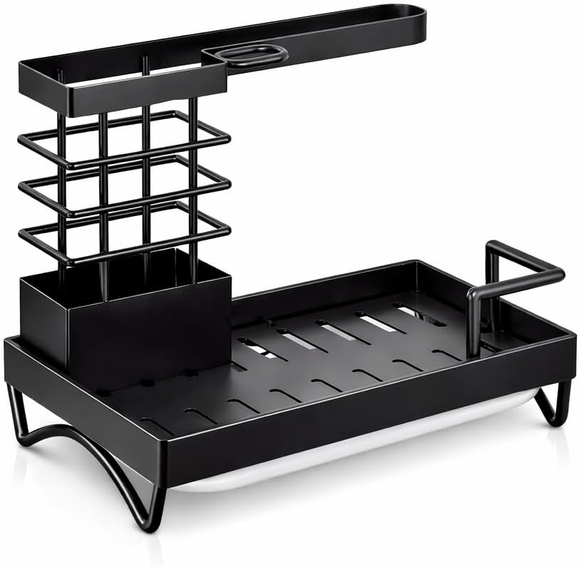 Premium Kitchen Sink Caddy Organizer – Rustproof Stainless Steel Sponge Holder with Drain Tray, Dish Brush Holder, Countertop Organizer with Towel Bar & Utensil Rack (Black)