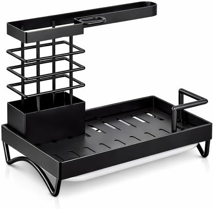 Premium Kitchen Sink Caddy Organizer – Rustproof Stainless Steel Sponge Holder with Drain Tray, Dish Brush Holder, Countertop Organizer with Towel Bar & Utensil Rack (Black)