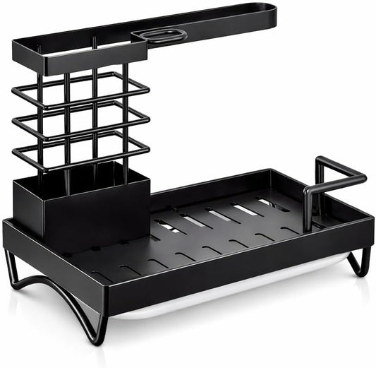 Premium Kitchen Sink Caddy Organizer – Rustproof Stainless Steel Sponge Holder with Drain Tray, Dish Brush Holder, Countertop Organizer with Towel Bar & Utensil Rack (Black)