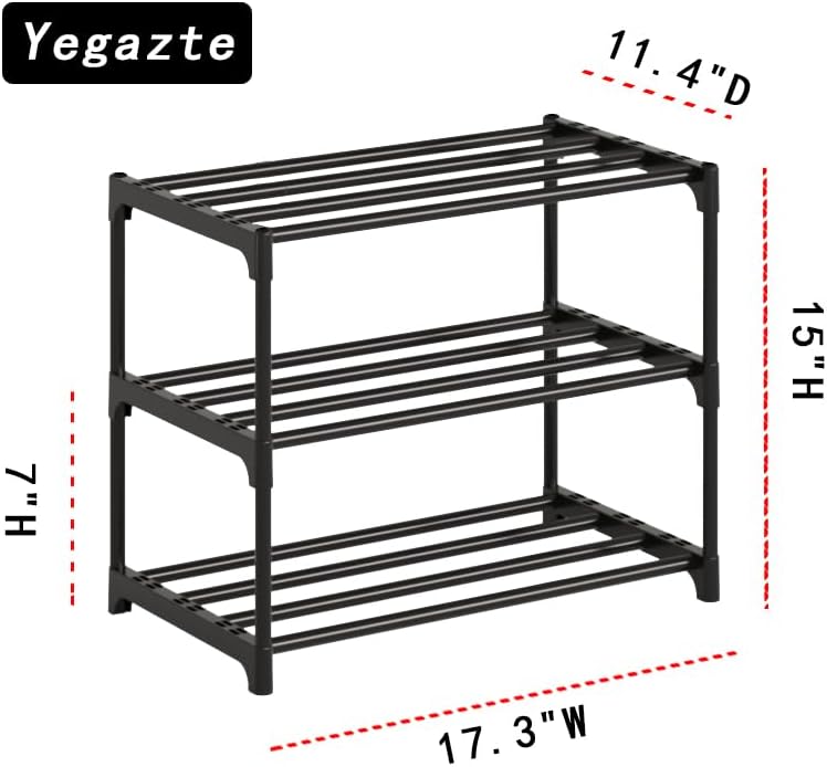 Small Metal Shoe Rack,Stackable Shoe Shelf Storage Organizer for Entryway, Hallway and Closet(3-Tier,Black)