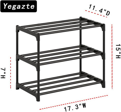 Small Metal Shoe Rack,Stackable Shoe Shelf Storage Organizer for Entryway, Hallway and Closet(3-Tier,Black)