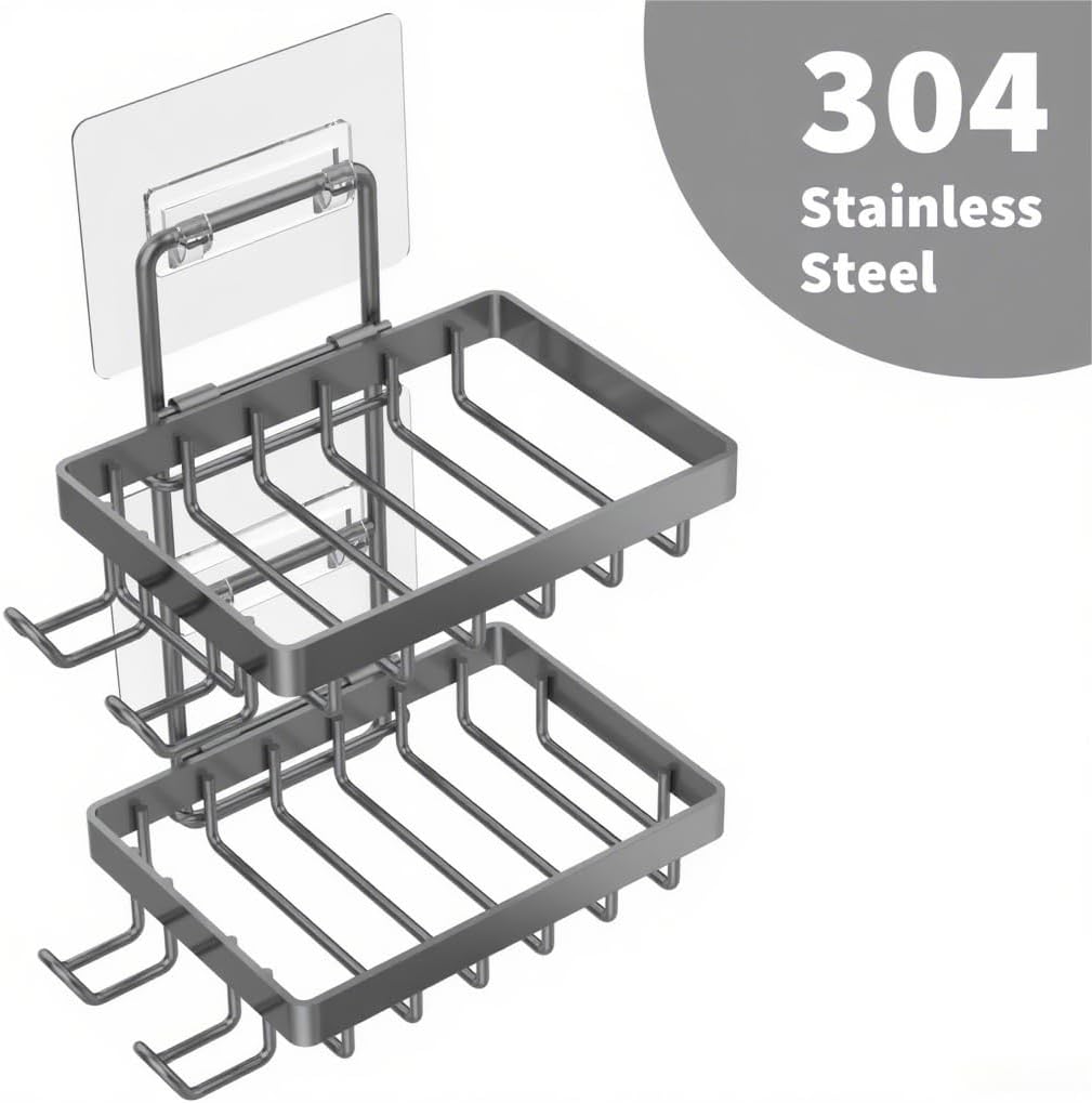 Moforoco Double Soap Bar Holder for Shower, No Drilling, 304 Stainless Steel, Wall Mounted Soap Holder with 4 Hooks and Razor Holder, Shower Rack Soap Tray Bar Soap for Bathroom Accessories Organizer
