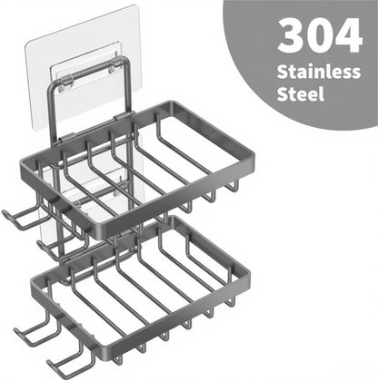 Moforoco Double Soap Bar Holder for Shower, No Drilling, 304 Stainless Steel, Wall Mounted Soap Holder with 4 Hooks and Razor Holder, Shower Rack Soap Tray Bar Soap for Bathroom Accessories Organizer