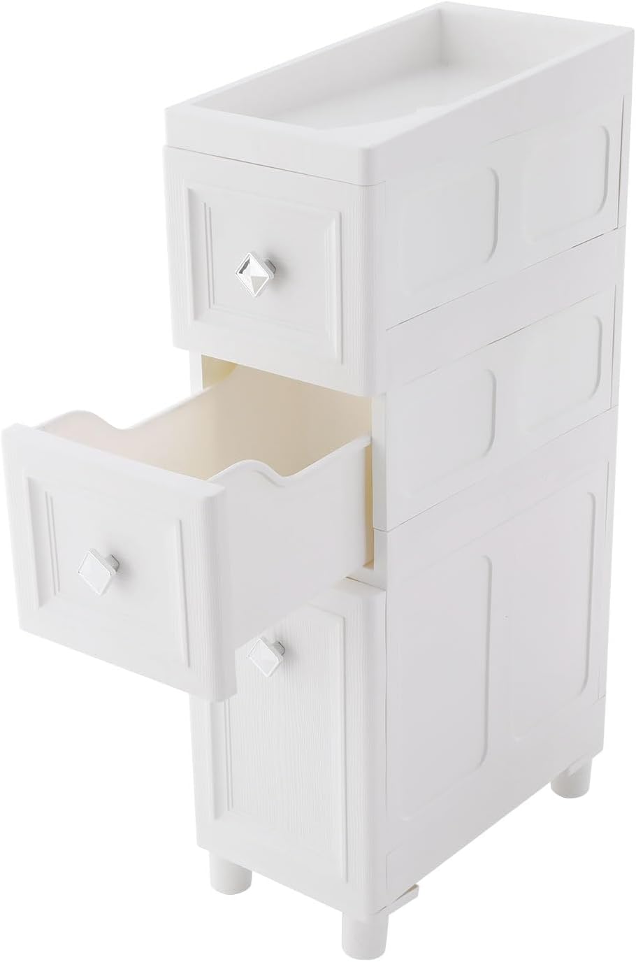 Slim Bathroom Storage Cabinet Freestanding Narrow Plastic Rolling Cart Bathroom Organizer with Drawers for Small Space Office, White (4-Tier)