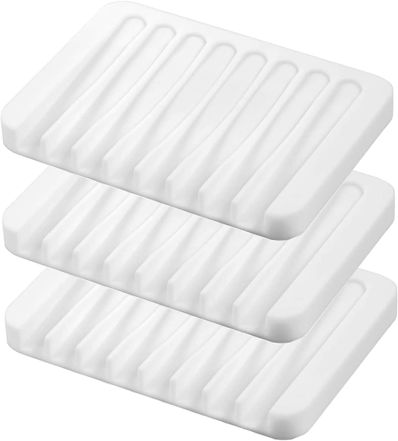 Self Draining Soap Dishes, 3 Pcs Silicone Soap Saver, Waterfall Drainer Soap Holder for Bathroom, Extend Soap Life, Keep Soap Bars Dry Clean & Easy Cleaning (White, Gray, Teal)