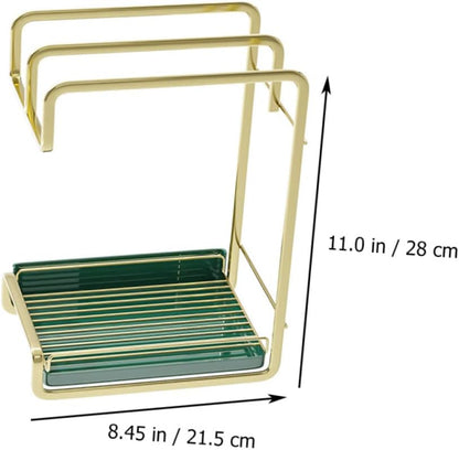 Cabilock Kitchen Wall Mounted Iron Draining Rack with Triple Rods for Dish Cloth and Sponge Storage Space Saving Tableware Drying Organizer in Gold Practical Kitchen Cleaning Tool Holder