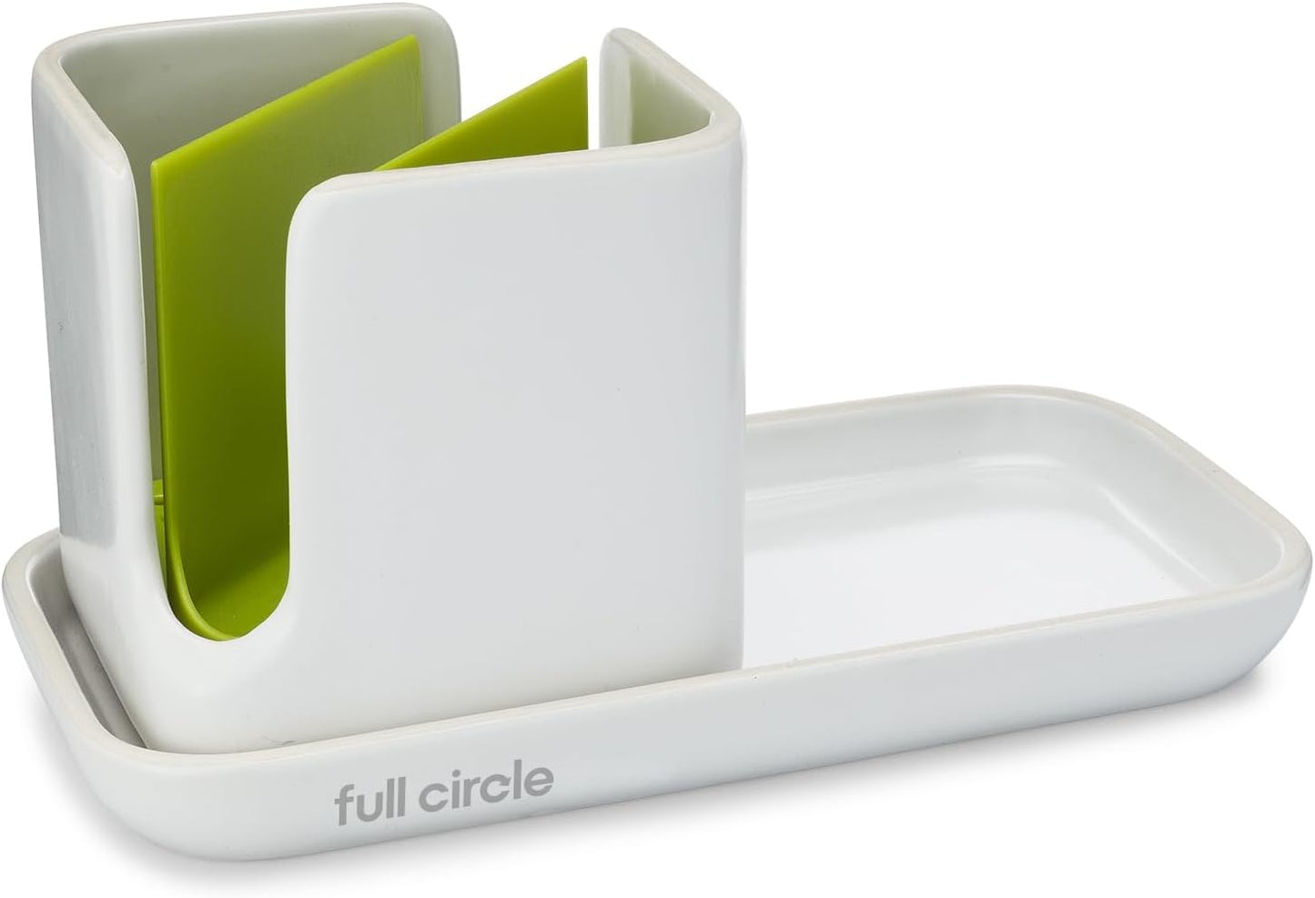 Full Circle Stash, Ceramic Kitchen Sink Caddy, Stylish Sponge Holder & Dish Brush Organizer, Easy to Clean, Dishwasher Safe, Rustproof, White and Gray, 11"