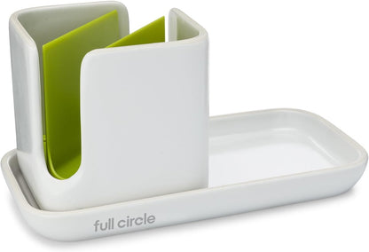 Full Circle Stash, Ceramic Kitchen Sink Caddy, Stylish Sponge Holder & Dish Brush Organizer, Easy to Clean, Dishwasher Safe, Rustproof, White and Gray, 11"