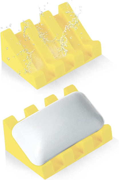 Self Draining Silicone Soap Dish Holder Waterfall Tray, 2 Pack Black | Waterfall design drains fast to keep soap dry, non-slip silicone base anti slide, soap saver for bathroom & kitchen