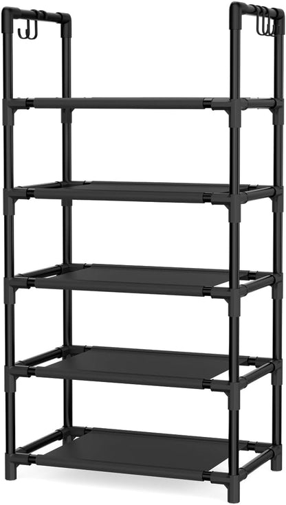 LANTEFUL 10 Tiers Tall Shoe Rack 20-25 Pairs Boots Organizer Storage Sturdy Narrow Shoe Shelf for Entryway, Closets with Hooks, Black