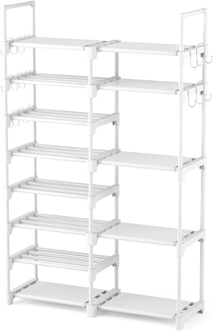 ROJASOP Shoe Rack Organizer, 8-Tier Metal Shoe Rack for Closet Entryway Garage, 26-32 Pairs Tall Shoe Boot Storage Shelf with 15 Hooks, Stackable Large Shoe Stand