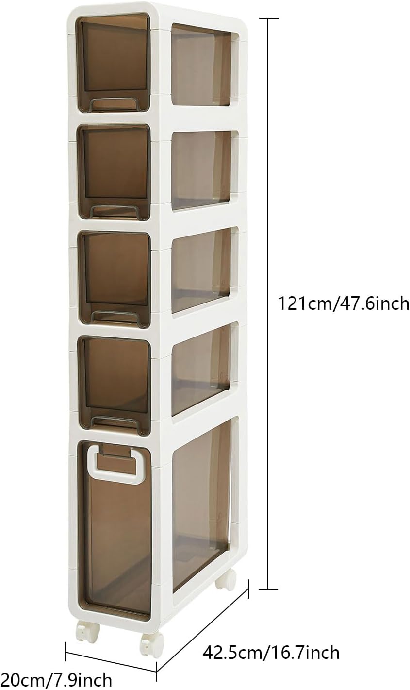 5-Tier Slim Bathroom Storage Cabinet,Narrow Floor Cabinets with Drawers and Wheels,Rolling Narrow Organizer for Small Spaces,Kitchen,Laundry,7.9”W