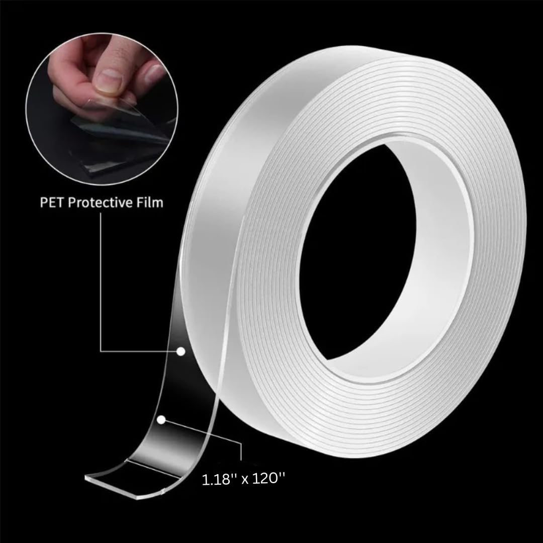 Wise Nano Double Sided Tape – Heavy Duty, Reusable, Washable, Strong Adhesive Gel Grip for Walls, Carpets, Home, Office, Removable Mounting Tape – 1.18" x 120"