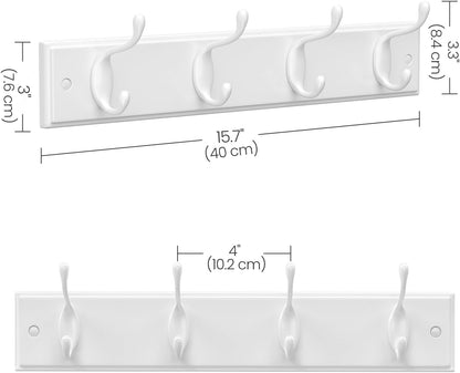 SONGMICS Wall-Mounted Coat Rack, Hook Rack, 4 Dual Metal Hooks, White | For Coats, Bags, Keys, in the Entryway, Bedroom, Living Room ULHR23WT