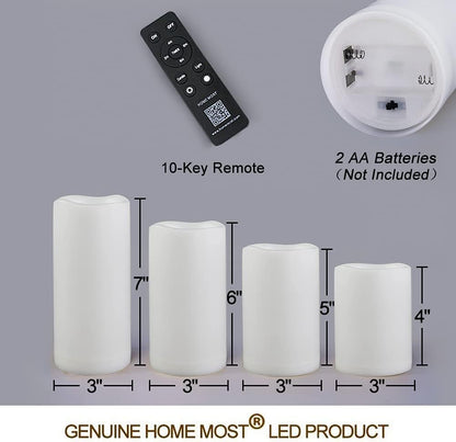 Set of 4 White Outdoor LED Pillar Candles 3x4 3x5 3x6 3x7 with Timer and Remote - IP65 Waterproof Battery Operated LED Pillar Candles - Flickering Flameless Pillar Candles Unscented Outside