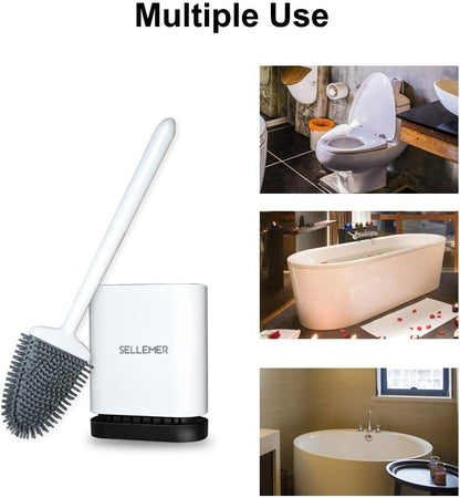 Sellemer Toilet Brush and Holder Set - Flexible Toilet Bowl Brush Head with Silicone Bristles, Compact Size for Storage and Organization, Ventilation Slots Base (1 Pack, Silver)
