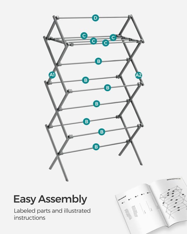 SONGMICS Foldable Clothes Drying Rack, Laundry Drying Rack, Clothes Airer, Steel Frame, 14.6 x 29.5 x 53.2 Inches, Easy Assembly, Indoor Outdoor Use, White ULLR770W01