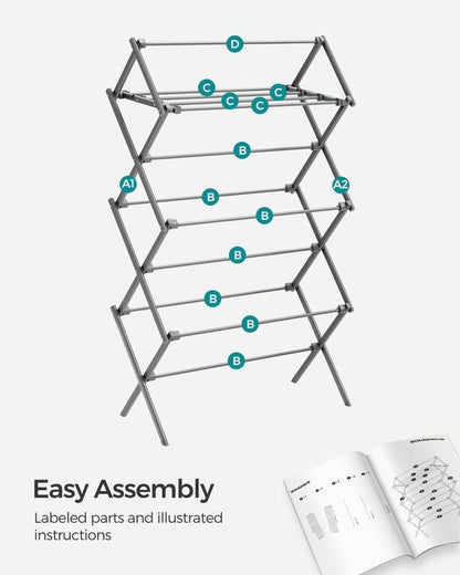 SONGMICS Foldable Clothes Drying Rack, Laundry Drying Rack, Clothes Airer, Steel Frame, 14.6 x 29.5 x 53.2 Inches, Easy Assembly, Indoor Outdoor Use, White ULLR770W01