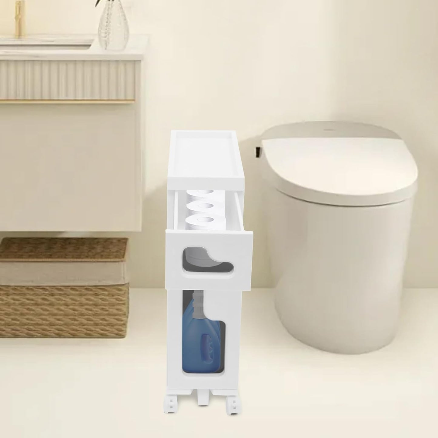 2 Tier Slim Bathroom Storage Cabinet with Movable WheelsSmall Bathroom Storage Cabinet Narrow Bathroom Storage Cabinet for Small Space, Bathroom, Kitchen, Laundry, White (15.7×6.3×22in)