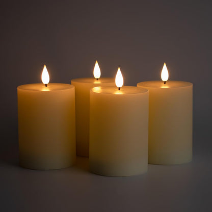 Fanna Flameless LED Pillar Candles with Timer for Wreath, Battery Operated Rustic Wax Candles with Remote for Christmas, 8 Batteries Included - Set of 4 (D 3" x H 4") - Ivory