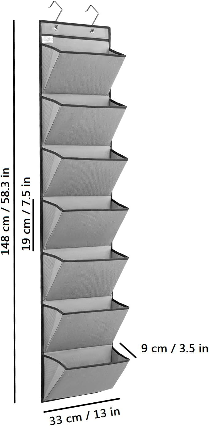 Wall Mounted File Holder Over Door Hanging Mail Organizer Document Storage Bag for Papers Magazines and Books (7 POCKETS-GREY)