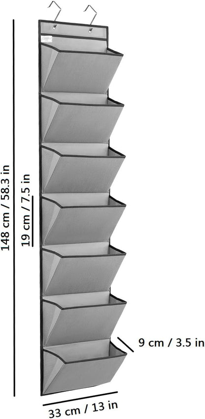 Wall Mounted File Holder Over Door Hanging Mail Organizer Document Storage Bag for Papers Magazines and Books (7 POCKETS-GREY)