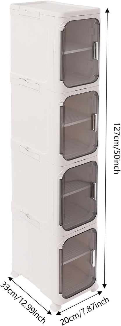 4-Tier Stackable Narrow Storage Cabinet with Wheels and Doors,Slim Plastic Rolling Cart with Adjustable Shelves,Foldable Floor Cabinets for Small Space, Bathroom,Kitchen,Beige