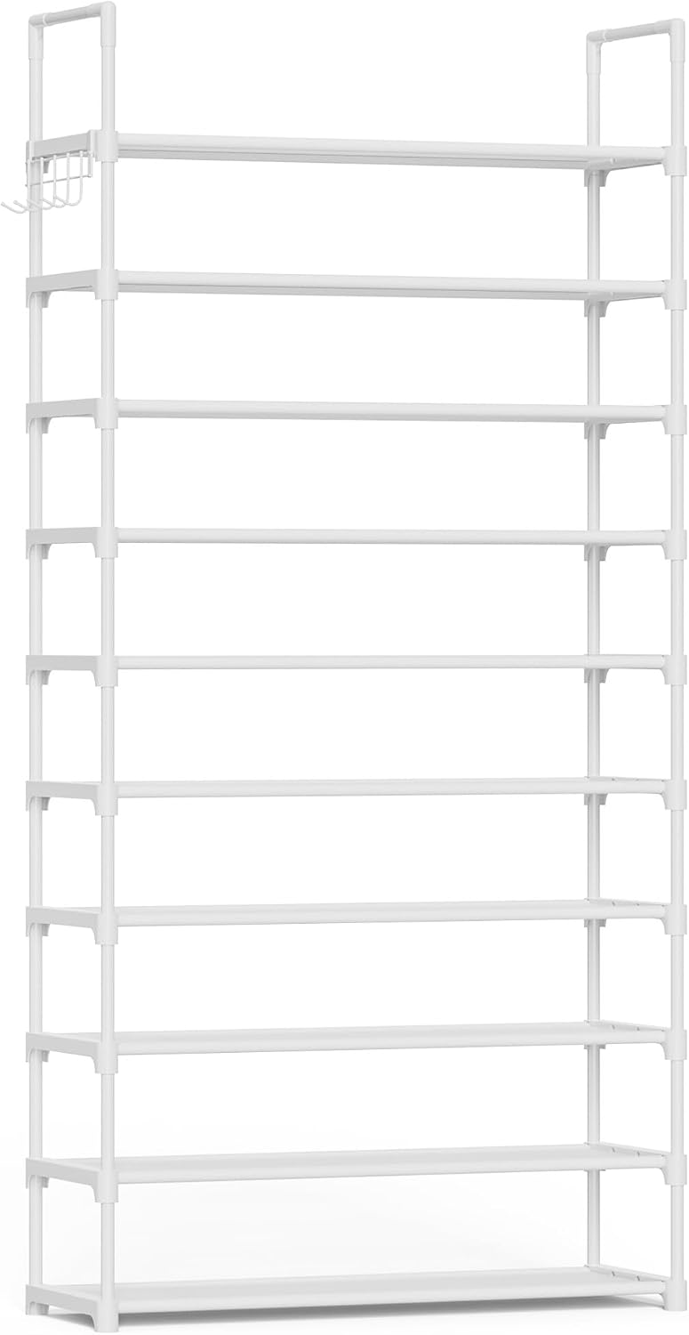 Kitsure Shoe Rack for Closet - 10-Tier Shoe Organizer with Hook Rack, Large-Capacity & Space-Saving Shoe Shelf for Entryway, Bedroom, Living Room,32.2" x 11.8" x 68.5", Black