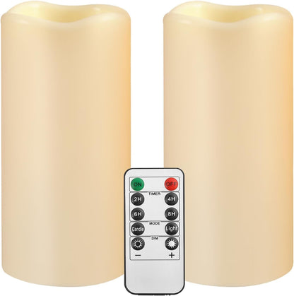 Flameless Flickering Battery Operated Candles D2.2''*H4 5" 6" 7" 8" 9" Set of 9 Ivory Real Wax Pillar LED Candles with 10-Key Remote and Cycling 24 Hours Timer (Ivory)