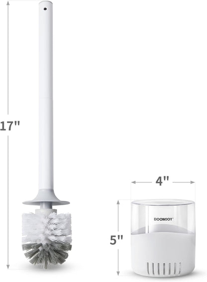 BOOMJOY Toilet Brush and Holder Set, Silicone Toilet Bowl Cleaner Brush, Bathroom Cleaning Bowl Kit with Tweezers, Bathroom Accessories with Aluminum Handle - White