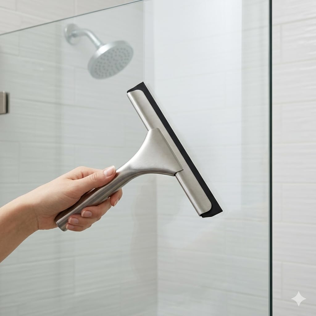 Shower Squeegee for Glass Doors - Stainless Steel Window Squeegee with Adhesive Hook, Streak-Free Silicone Blade for Bathroom Mirror, Tile, and Window