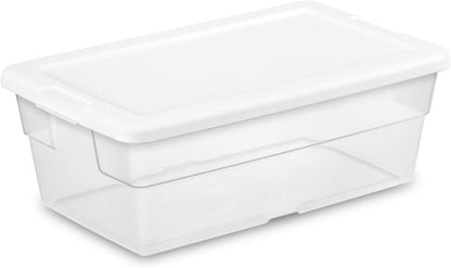 Sterilite 6 Pack Storage Box, 41 Quart Stackable Tote, Clear Plastic Container with Secure Snapping White Lids for Home and Office Organization