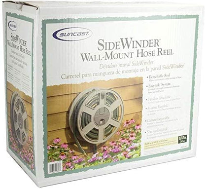 Suncast Sidewinder Wall Mount Garden Hose Reel, 100 Feet Capacity for 5/8 Inch Standard Vinyl Hosepipe, Light Taupe – Resin Water Line Holder for Lawn, Gardening and Outdoor Watering