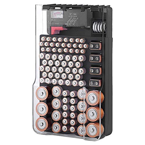 The Battery Storage Case,Organizer with Hinged Clear Cover, with Battery Tester, Holds 93 Batteries Various Sizes, Black