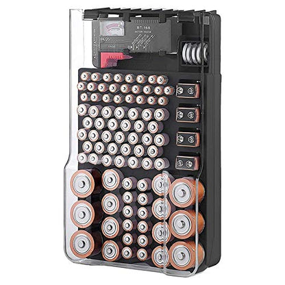 The Battery Storage Case,Organizer with Hinged Clear Cover, with Battery Tester, Holds 93 Batteries Various Sizes, Black