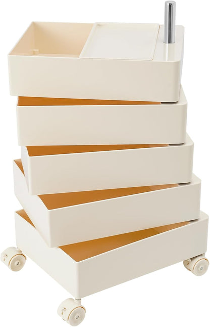 TFCFL 5 Tier Rolling Storage Cart, 360° Rotating Sofa Side Cabinet, Storage Cabinet Bedside Table for Bathroom Kitchen, Movable Narrow Cabinet with Wheels for Living Rooms, Kitchens, Offices (White)