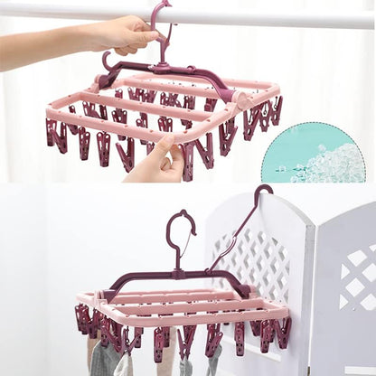 Foshine Clothes Drying Racks Foldable Clip Hangers Plastic with 32 Clips | Clip Hangers Wind-Proof Hook Underwear Hanger For Socks Bras Blue