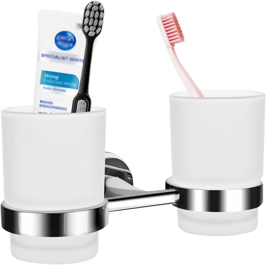 Bathroom Toothbrush Holders Set - Wall Mounted Tooth Brush Holder with Glass Toothpaste Cup, Stainless Steel Toothbrush Caddy Storage for Kids & Adult (Single)