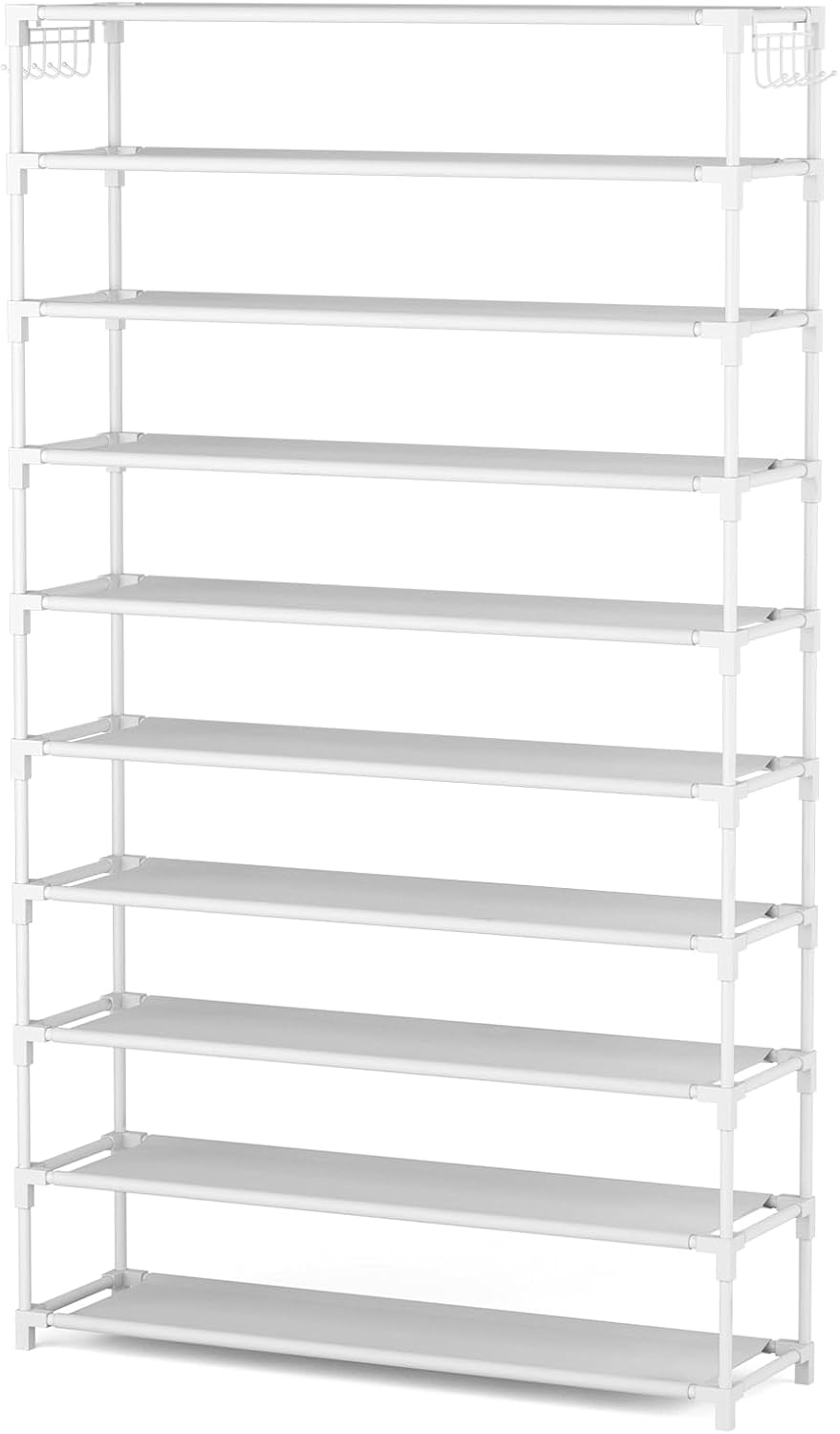 LANTEFUL 10 Tiers Shoe Rack 50 Pairs Large Capacity Tall Shoe Organizer Sturdy Shoe Storage with Two Hooks Space Saving Metal Wide Shoe Rack for Closet, Entryway, Bedroom, Black