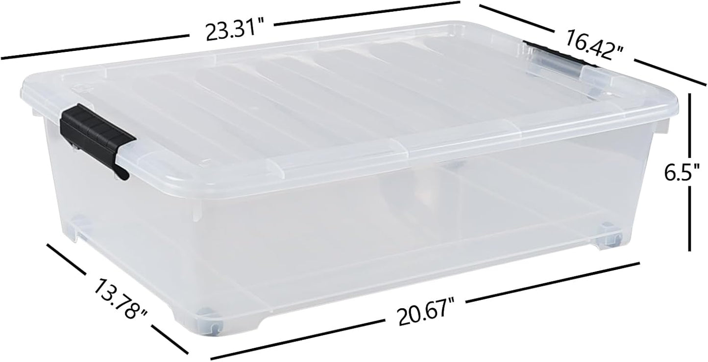 4-Pack 20 Quart Clear Under Bed Plastic Storage Bins with Wheels | Under Bed Storage Box, Locking Latch Lid, Easy-Glide Wheels, for Bedroom, Bathroom, Garage, and Office Organization