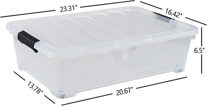 4-Pack 20 Quart Clear Under Bed Plastic Storage Bins with Wheels | Under Bed Storage Box, Locking Latch Lid, Easy-Glide Wheels, for Bedroom, Bathroom, Garage, and Office Organization