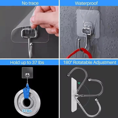 Heavy Duty Adhesive Wall Hooks Large 24 Pack, Transparent, Waterproof, Damage-Free, Sticky Hook for Hanging Upto 50lbs, No Tools Required, no Drill, for Kitchen, Shower, Tile etc.