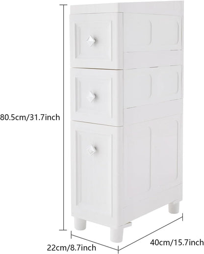 Slim Bathroom Storage Cabinet Freestanding Narrow Plastic Rolling Cart Bathroom Organizer with Drawers for Small Space Office, White (4-Tier)