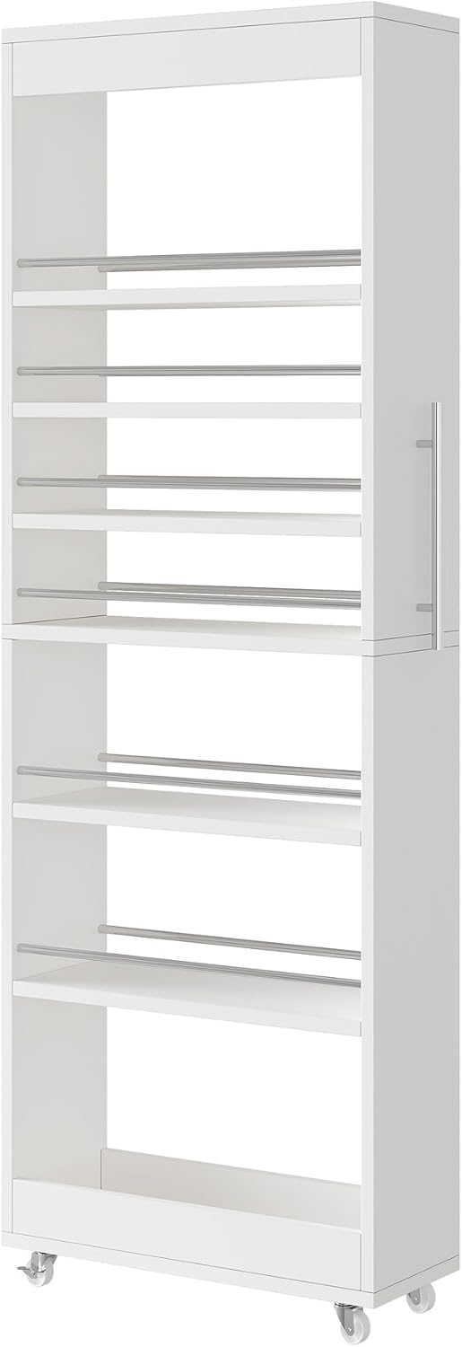 Tribesigns 73" Tall Slim Storage Cart on Wheels, 7-Tier Narrow Pantry Cabinet, Rolling Skinny Spice Rack Organizer Next to Fridge, Wooden Pull-Out Storage Shelf for Kitchen Small Spaces, White